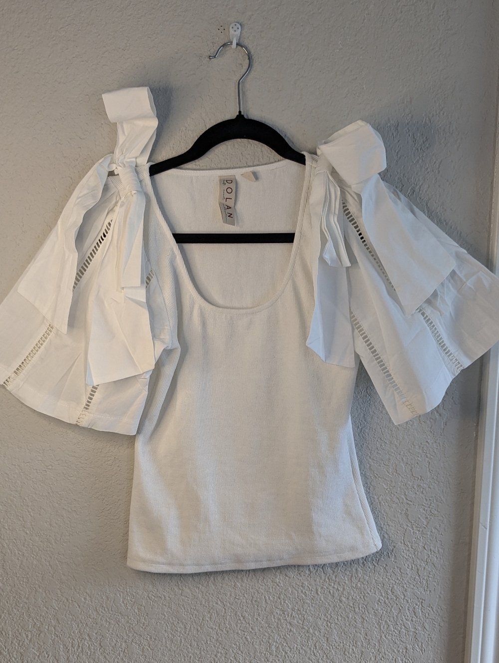 Anthropologie Dolan Blouse XS Stretch Knit Body With Woven Sleeves Bows White